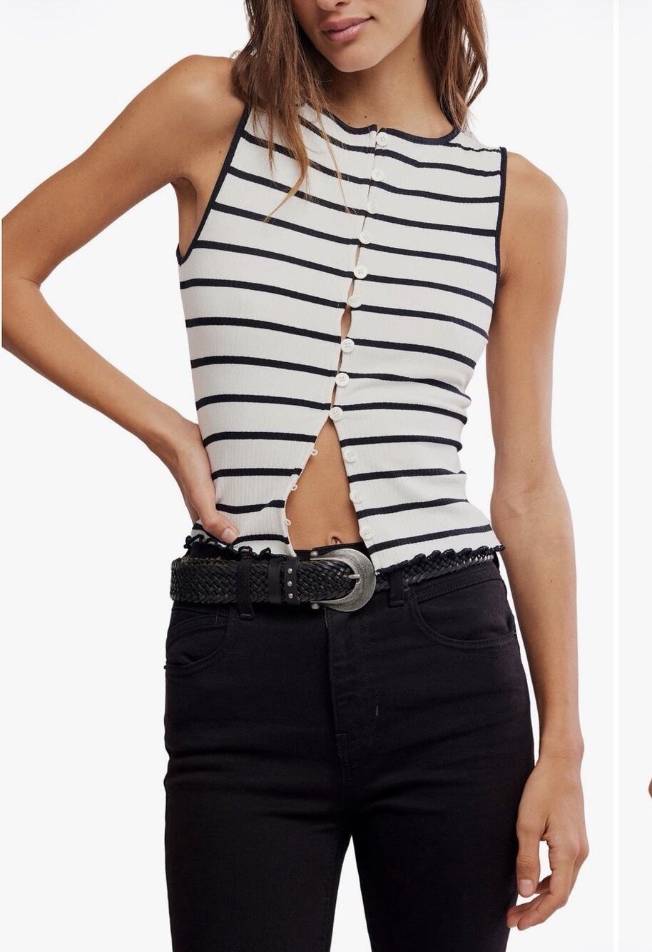 New Free People Size XS Tilly Stripe Ribbed Knit Crew Sleeveless Vest Top NWT